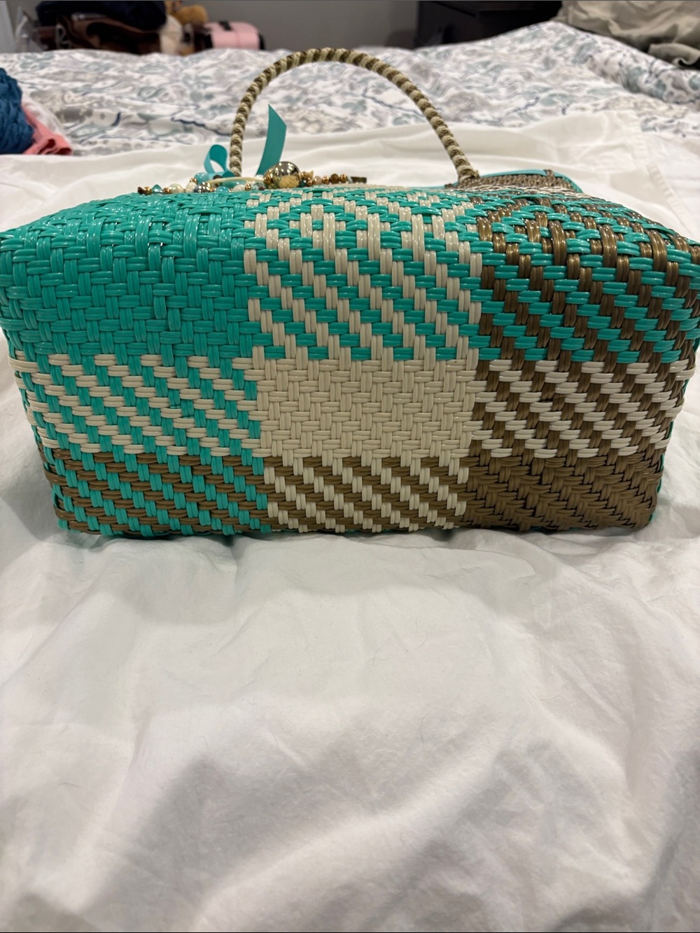 Woven Straw Tote Bag in Turquoise, Cream & Brown - Picture 4 of 6